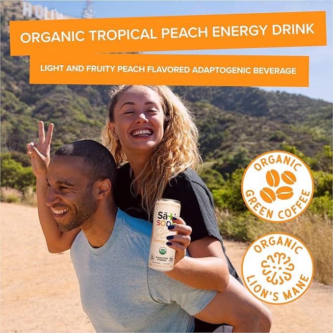 Sati Soda Organic Slim Tropical Peach - Adaptogenic Beverage with Lions Mane Green Coffee Bean &amp Acerola Vitamin C | Zero Calories Zero Sugar (12 Pack of 12 Ounce Cans Tropical Peach)