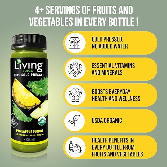 O2 Living Juice Cold Pressed Drink - Pineapple Punch Organic Juice Pack - No Added Sugars or Water Naturally Sweetened from Fruits Rich in Nutrients &amp Vitamins - Non-GMO - 4 fl oz - 8 Pack