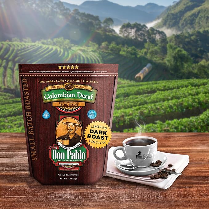 Don Pablo Colombian Decaf - Limited Edition Dark Roast Gourmet Coffee Swiss Water Process Decaf 100% Arabica Whole Bean Non-GMO Low Acidity 2 Pound (2 lb) Bag