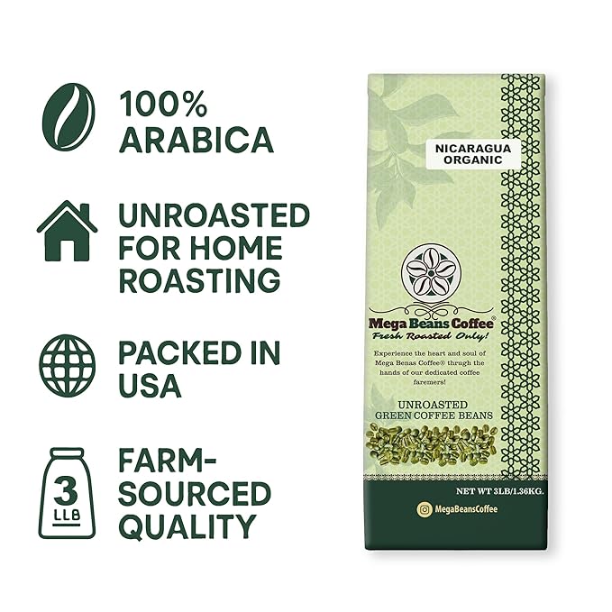 Nicaragua Organic/Unroasted Green Coffee Beans Mega Beans Coffee Specialty Grade Green Coffee Beans. (3 LB Nicaragua Organic 3 Lb)