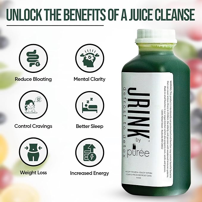 JRINK by Purée Super Green Juice Cold Pressed Organic Vegetable Blend Detox Drink Healthy Raw Greens Juice Cleanse No Preservatives Fresh Detox Cleanse 16oz HDPE Bottles Pack of 12