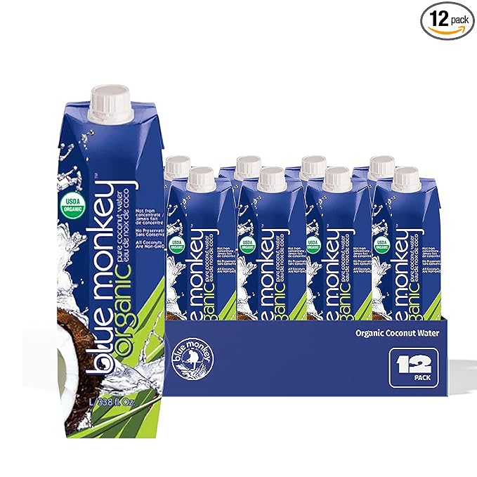 Blue Monkey Organic Coconut Water - 100% Pure Coconut Water from Vietnam - No Sugar Added - USDA Organic Non-GMO Kosher Halal Shelf Stable - Refreshing Hydration Drink - 33.8oz (1L) 12-Pack