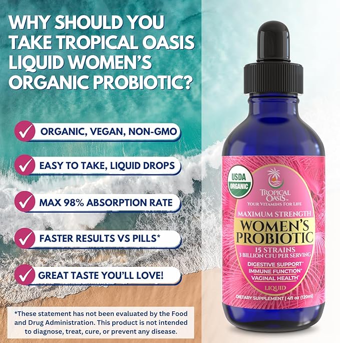 USDA Organic Liquid Probiotic for Women | PH Balance UT &amp Feminine Health | Digestive Support Immune &amp Gut Health | 15 Clinically Studied Strains | 98% Absorption | Vegan Non-GMO | 40 Serv