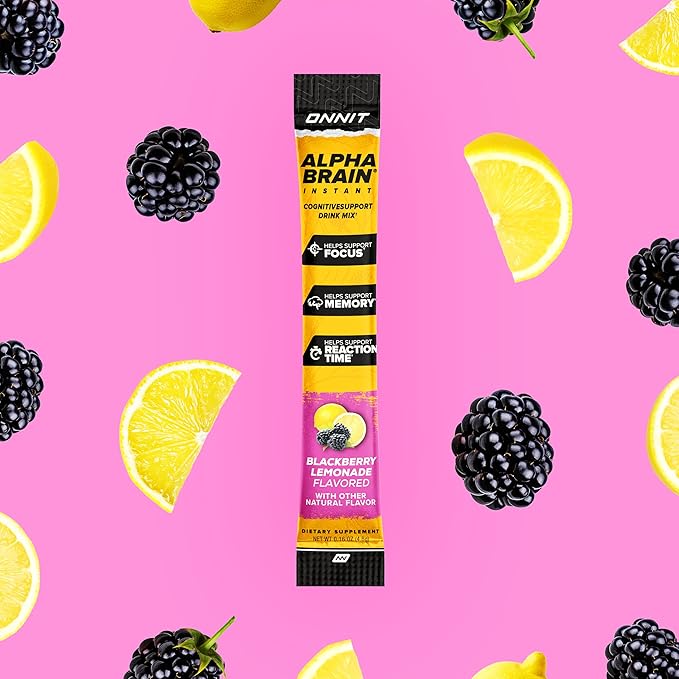 ONNIT Alpha Brain Instant Cognitive Support Drink Mix BlackBerry Lemonade Flavor Nootropic Supplement for Focus Memory and Clarity 0.13 oz Packets 30 Count