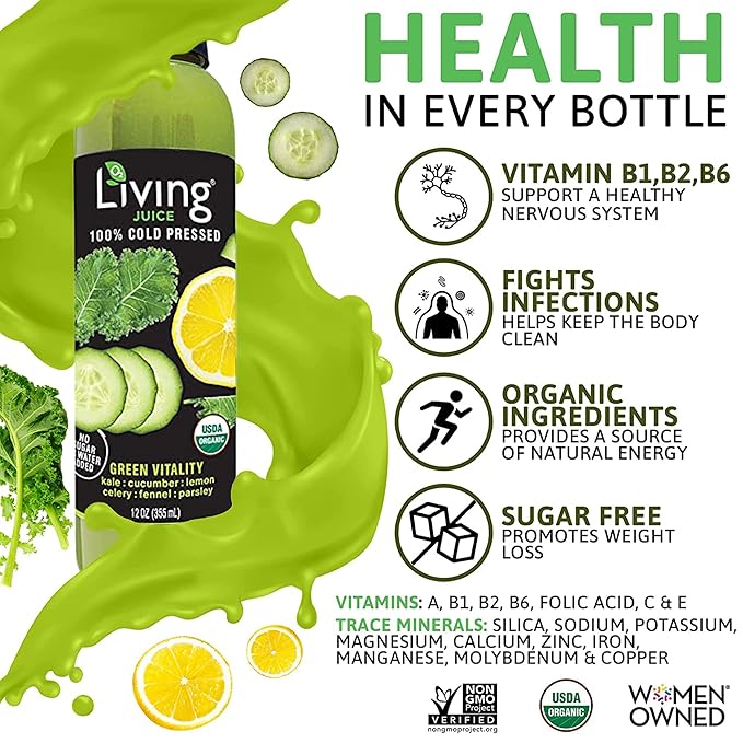 O2 Living Juice Cold Pressed Drink - Green Vitality Organic Juice Pack - No Added Sugars or Water Naturally Sweetened from Fruits Rich in Nutrients &amp Vitamins - Non-GMO - 12 fl oz - 18 Pack