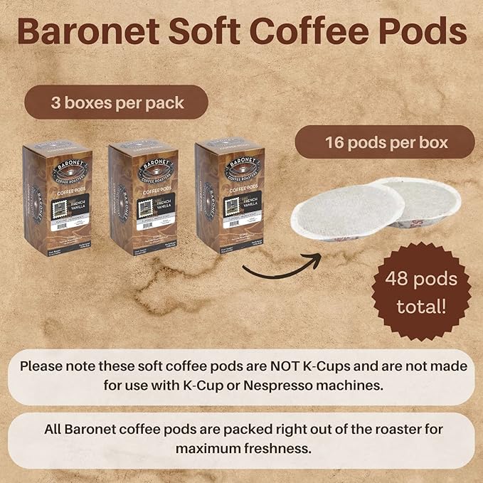 Baronet Coffee French Vanilla Coffee Pods Bag - Flavored Medium Roast - 3 Boxes of 16 Single Serve Pods - 48 Count 12 Grams - Individually Wrapped for Freshness - Rich Traditional Flavor