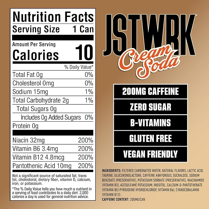 JST WRK Energy Drink - 12-Pack Sugar-Free Zero Calories No Sugar Alcohols 12 Fl Oz. 200 milligrams Caffeine (Cream Soda)