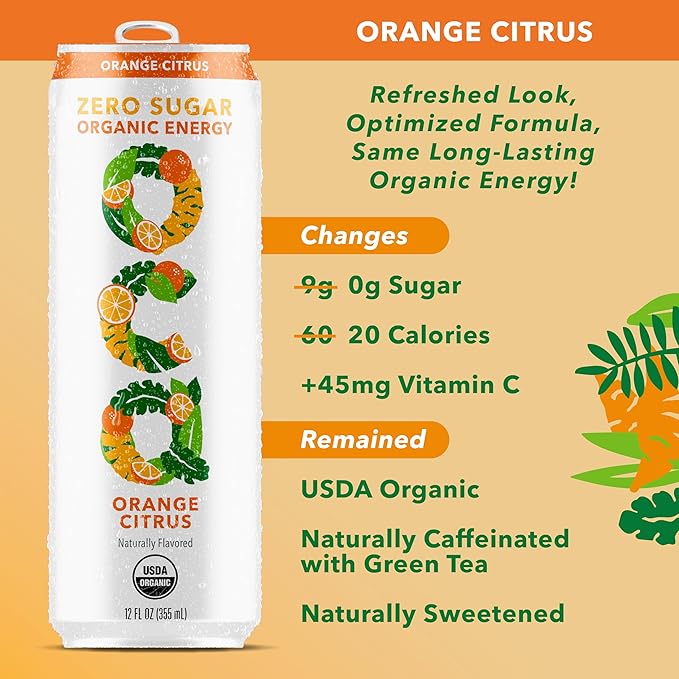 OCA ZERO Orange Citrus Organic energy drink zero sugar gluten-free vegan plant-based 12 Fl Oz (12-pack)