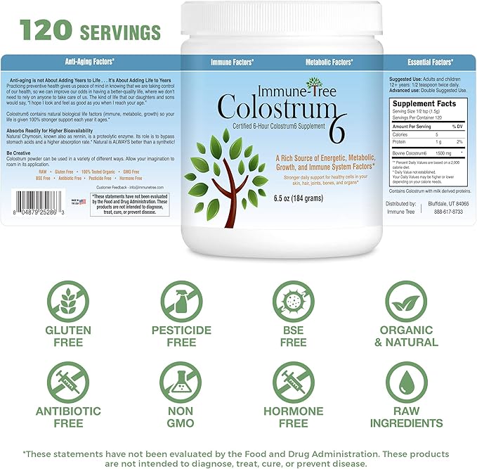 100% Bovine Colostrum Powder 120 Servings 6.5oz Supports Anti-Aging Healthy Immune System Gut &amp Digestion Muscle &amp Tissue &amp Wellness Made in USA from Grass Fed Grade A Dairy Cows