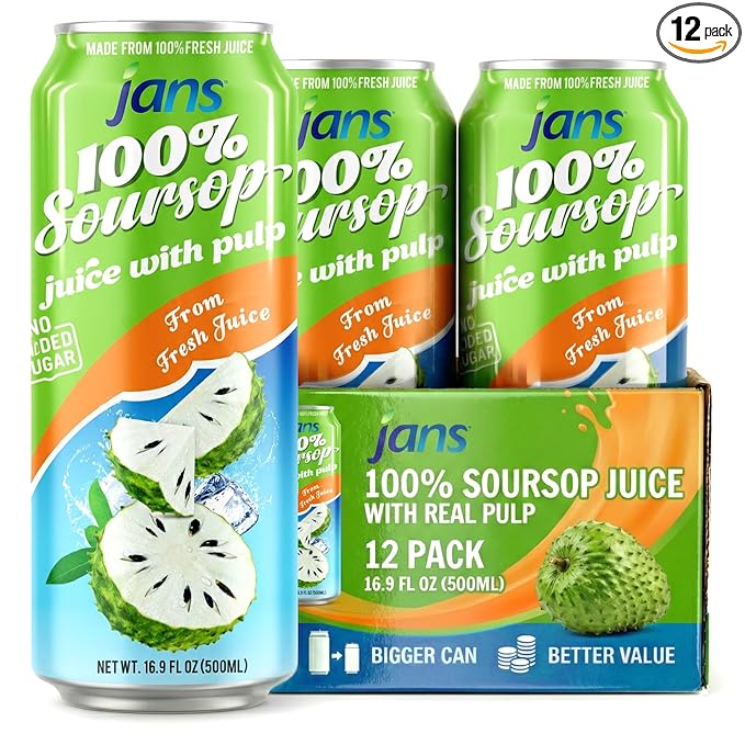 JANS 100% Soursop Juice with Pulp (16.9 oz Pack of 12) NO Sugar Added Pure Guanabana Graviola Fresh from Juice Not From Concentrate