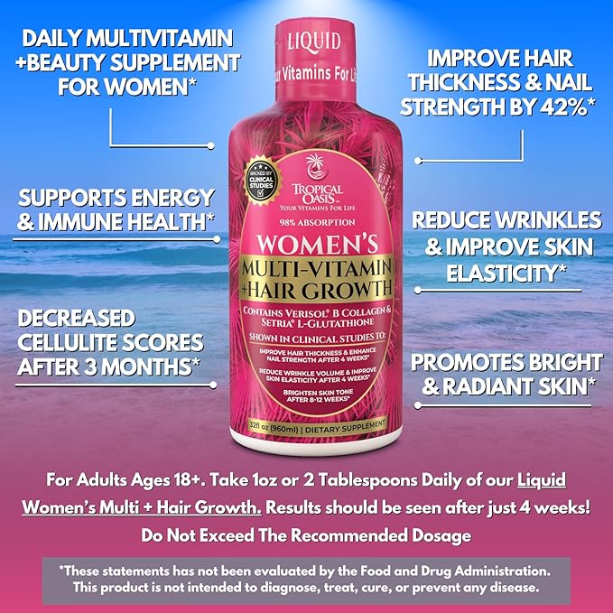 Tropical Oasis Women's Liquid Multivitamin + Hair Growth | Clinically Tested for Thicker Hair Wrinkles Brighter Skin Strong Nails | 2.5g Verisol Collagen | Biotin 12500mcg | 32 Serv