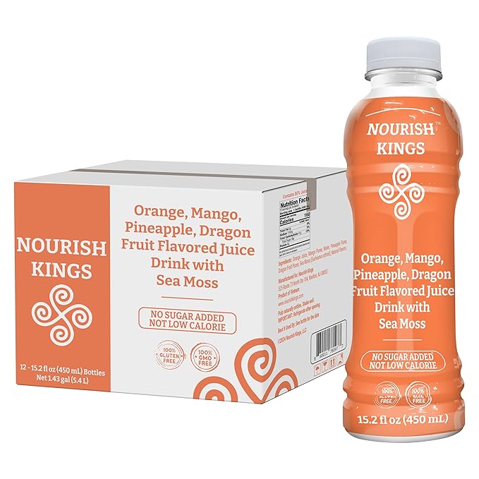 Nourish Kings- Sea Moss drink with Dragon Fruit Mango Pineapple and Orange Juice No Added Sugars or Preservatives 12 pack of 15.2 Fl oz Bottles