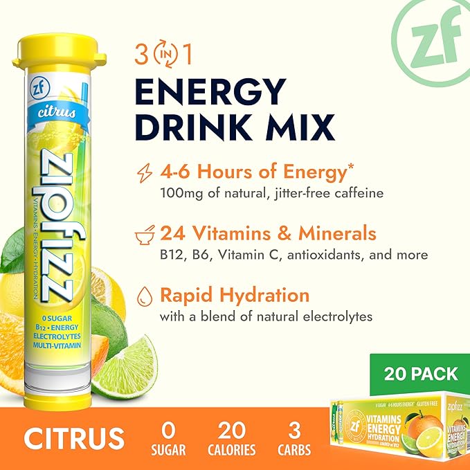 Zipfizz Daily Energy Drink Powder Citrus 20 Pack 3-in-1 Sustained Energy Rapid Hydration and Essential Vitamins Sugar-Free Electrolyte Powder Contains Vitamin B-12 &amp Antioxidants