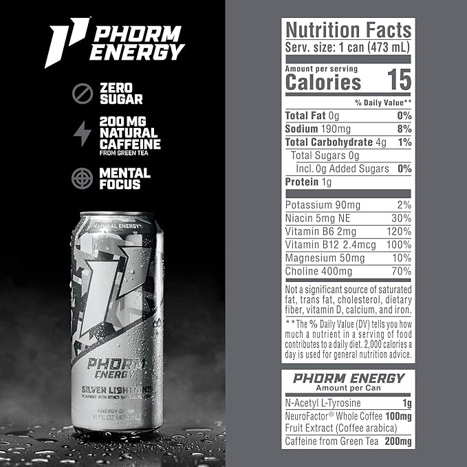 Phorm Energy Drink Silver Lightning Flavor 200 MG Natural Caffeine From Green Tea Sugar Free Carbonated Drink With Electrolytes &amp Vitamin B12 Dairy &amp Gluten Free Vegan 16 FL Oz Cans 12