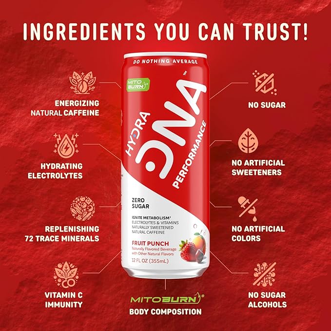 HYDRADNA- Clean Performance Drink Zero Sugar | For Natural Fuel Alertness Boost Stamina120 mg Organic Caffeine Natural Flavors Zero Sucralose Clean Ingredients (12 Pack) (12 Pack Fruit Punch)