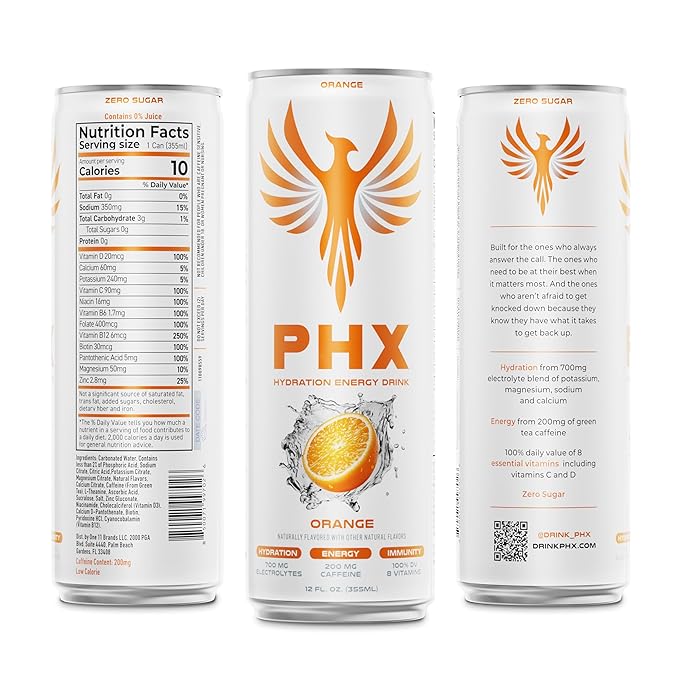 PHX Hydration Energy Drink - 700mg Electrolytes 200mg Natural Green Tea Caffeine 100% Daily Value 8 Essential Vitamins - 12 oz Cans (12 Pack) (12 Pack Orange)