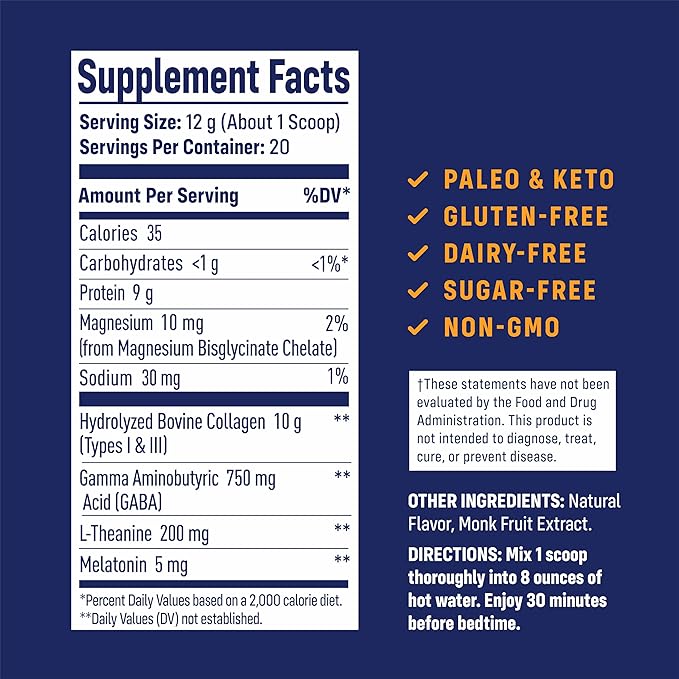 NativePath Collagen PM - Honey Chamomile Nighttime Collagen Peptides Powder with Magnesium GABA L-Theanine and Melatonin - 20 Servings