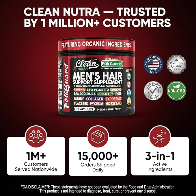Hair Growth Supplement For Men | Biotin Hair Vitamins Collagen Pumpkin Seed Saw Palmetto Iron Ginseng Bamboo Silica Rosemary Peppermint Keratin Selenium Iodine Flaxseed Horsetail Vitamin A C D3 E B12