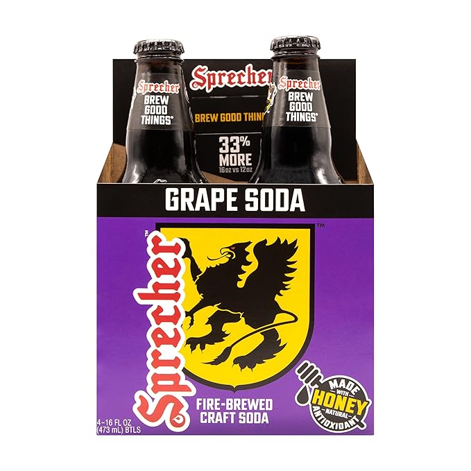 Sprecher Grape Soda in 16 fl oz Glass Bottles (24 Pack) Fire Brewed Craft Soda with Real Honey Bold Juicy Grape Flavor Naturally Flavored Gourmet Soft Drink