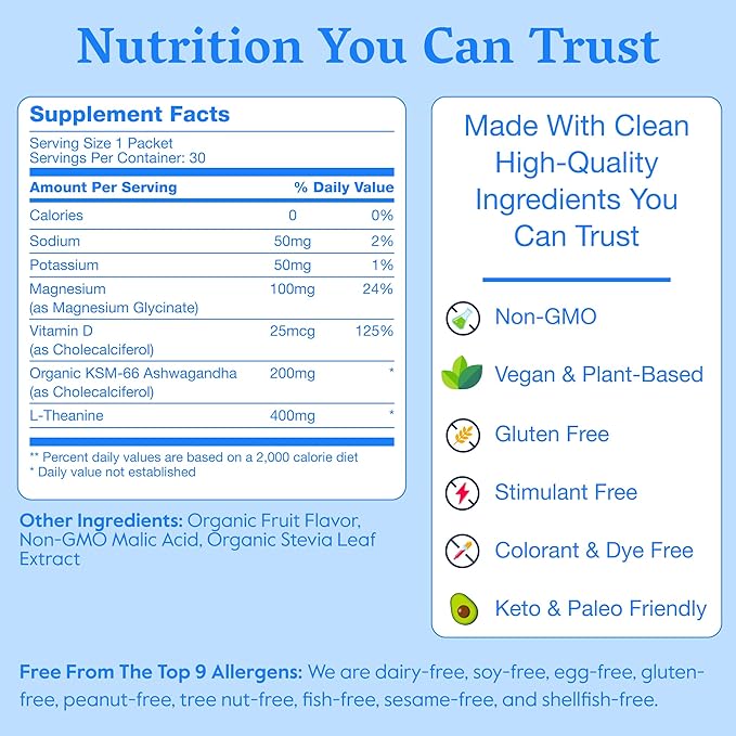 Nectar Calm Magnesium Glycinate Drink Mix - Sugar Free &amp Zero Calorie - with Organic Ashwagandha Vitamin D L-Theanine Hydrating Electrolytes - Relax Focus &amp Calm - Non-GMO (Berry 30 Sticks