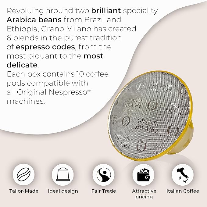 Grano Milano Crema - 50 Espresso Pods Compatible with Nespresso Original line 100% Arabica Medium Roast - Intensity 8/12 Espresso Coffee Capsules Made in Italy