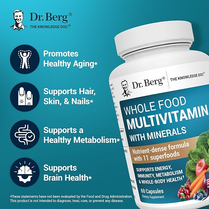 Dr. Berg Whole Food Multivitamin with Minerals - Daily Multivitamin for Men and Women - Includes Premium Whole Food Fruits and Vegetable Blend with Folate Alpha-lipoic Acid and More - 60 Capsules