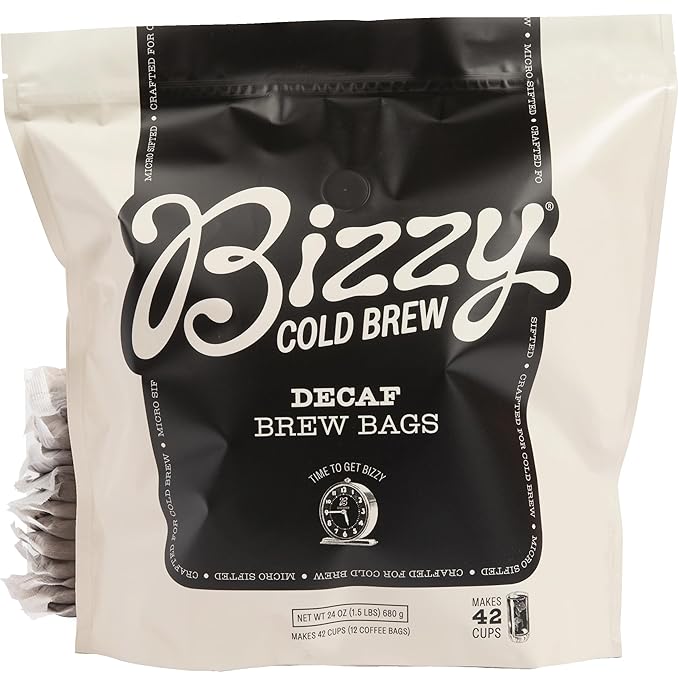 Bizzy Cold Brew Coffee | Decaf Bundle | Coarse Ground Coffee + Brew Bags | Micro Sifted | Specialty Grade | 100% Arabica | 1 LB and 12ct Brew Bags
