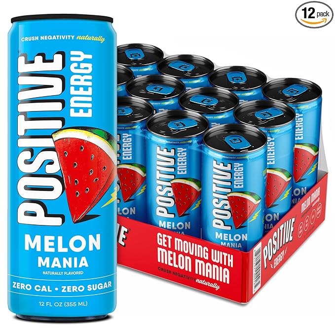 Positive Energy Beverage | Melon Mania | 12-oz Can Pack of 12 | Zero Sugar Energy Drink Supports Immunity and Hydration