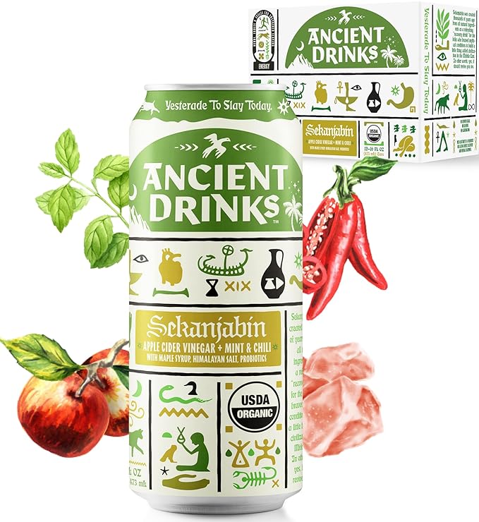 ANCIENT DRINKS Sekanjabin Apple Cider Vinegar Hydration Drink – Organic Electrolyte ACV Beverage with Probiotics – Ancient Persian Inspired Mint &amp Honey Vinegar Drink – 16 oz Cans 12 Pack