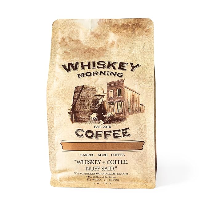 Whiskey Morning Coffee Bourbon Barrel Aged Ground Coffee Fire Roasted Ground Coffee 100% Specialty Grade Arabica Non Alcoholic Natural Whiskey Infused Coffee Small Batch Texas Roasted 10 oz Bag