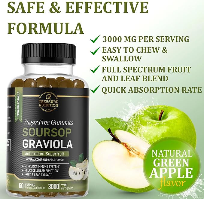 Soursop Leaves &amp Soursop Fruit Gummies - 3000mg Soursop Extract - 2 Pack Graviola Supplement - Soursop Fruit and Leaf - 120ct - Sugar-Free - Gluten Free – Non-GMO – Vegan Friendly