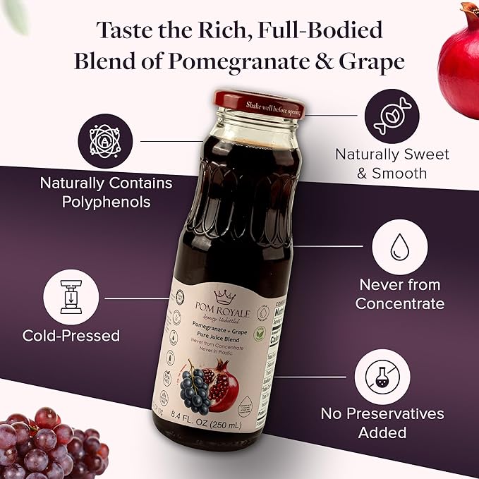 Pure Pomegranate &amp Grape Juice 33.8oz Glass Bottle (Pack of 4) Cold Pressed Juice Not from Concentrate Non-GMO No Sugar Added Gluten Free Preservative Free