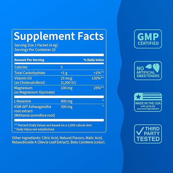 Nello Supercalm Drink Mix - Raspberry Lemonade and Tropical Tangerine Ashwagandha KSM 66 Magnesium Glycinate &amp L-Theanine Supplement - Focus and Relaxation Support (2 x 20 Travel Packets)