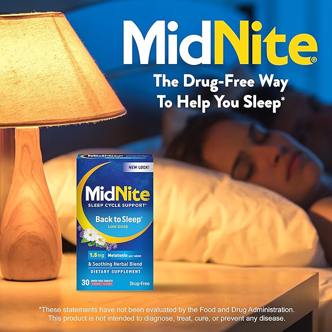 MidNite Time Release 6mg Melatonin 30 Tablets &amp Back to Sleep 1.5mg Melatonin 30 Cherry Flavored Chewable Tablets Sleep Aid Bundle