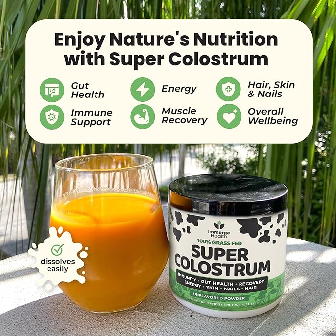 Immerge Health Super Colostrum Powder (60 Servings) – Premium Bovine Colostrum Supplement for Gut Health Bloating &amp Immune Support – High IgG 100% Grass Fed First Milking Unflavored Made in US