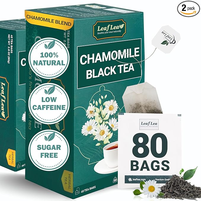 LeafLea Chamomile and Black Tea Blend Chamomile Tea Bags Black Tea &amp Pure Camomile Flowers Manzanilla Tea Bags Stress Relief Vegan Supports Digestion Ideal Wellness Gift Box | 80 Bags