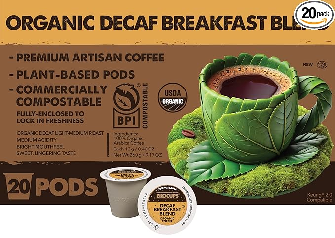 Ekocups Decaf Organic Breakfast Blend Coffee Pods - Swiss Water Process Light Roast Compostable Plant-Based &amp Freshness-Sealed - Keurig Compatible 20ct