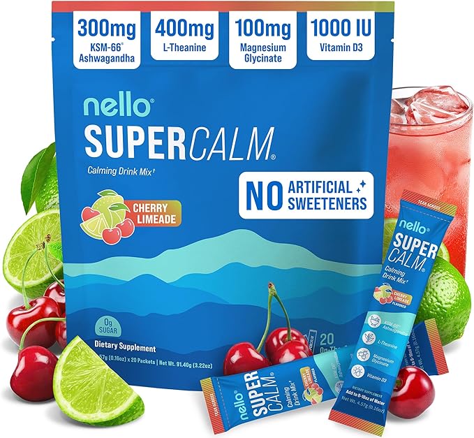 Nello Supercalm Powdered Drink Mix Cortisol Reducer* and Sleep Aid Supplement L Theanine Ksm-66 Ashwagandha Magnesium Glycinate Vitamin D 3 No Sugar Non GMO On The Go 20 Ct Cherry Limeade