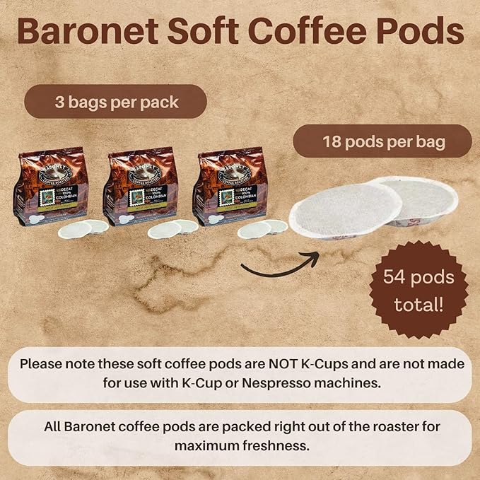Baronet Coffee Pods [DECAF Colombian -54 Pods] Single Cup Use Like Senseo - 3 Bags of 18 Single Serve 8 Gram Regular Strength Medium Roast [DECAF Colombian]