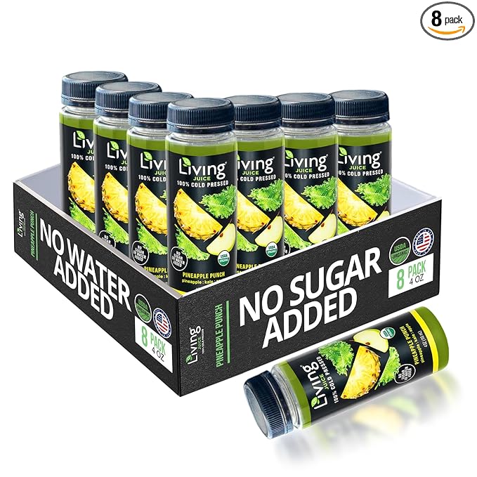 O2 Living Juice Cold Pressed Drink - Pineapple Punch Organic Juice Pack - No Added Sugars or Water Naturally Sweetened from Fruits Rich in Nutrients &amp Vitamins - Non-GMO - 4 fl oz - 8 Pack