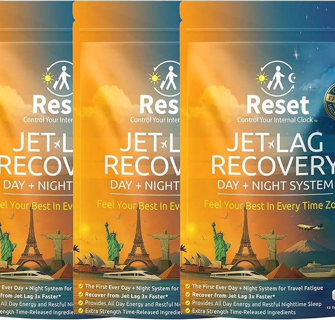 Reset Jet Lag Recovery System | Day and Night Transdermal Patches with Extra Strength Melatonin Magnesium and B Vitamins | Travel Fatigue Relief Sleep Support | Energy Boost ((3pk) Family Travel)