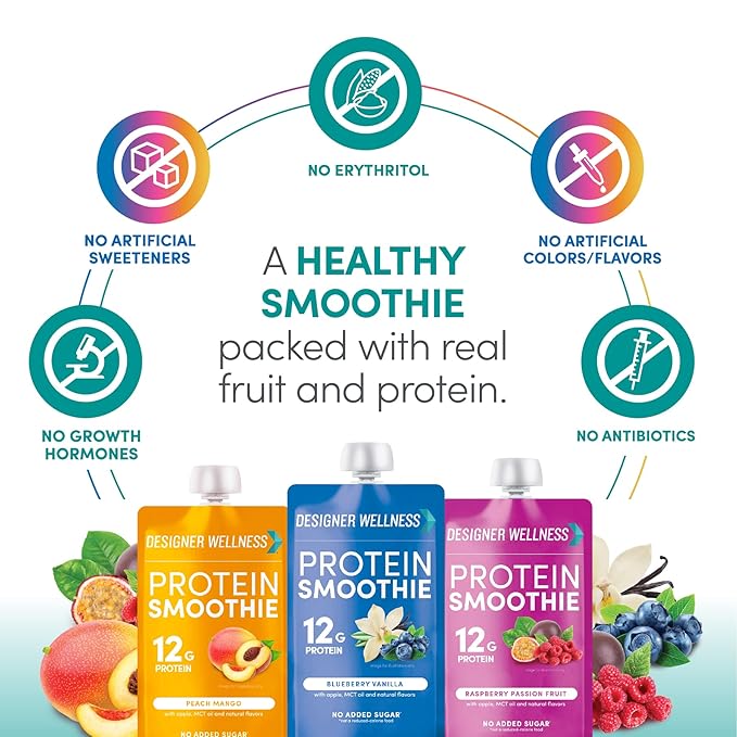 Designer Wellness Protein Smoothie Real Fruit 12g Protein Low Carb Zero Added Sugar Gluten-Free Non-GMO No Artificial Colors or Flavors Super Fruits Variety Pack 12 Count