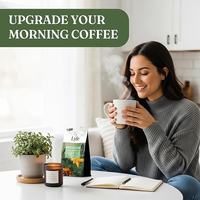 LYFE Organic Instant Mushroom Coffee 40 Servings – Lion’s Mane Chaga Cordyceps &amp Turkey Tail | USA Grown Adaptogenic Blend for Energy Focus &amp Wellness - Natural Superfood Coffee for Daily