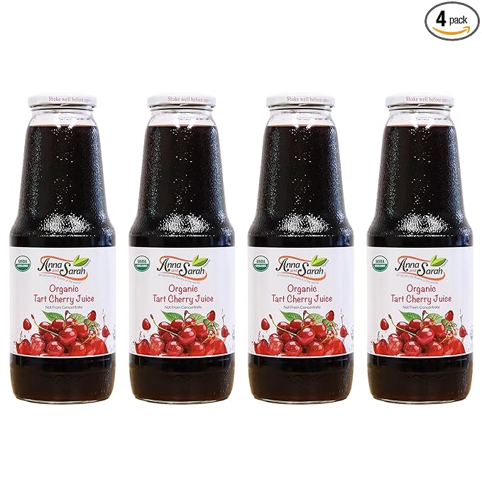 Anna and Sarah 33.8 Oz Organic Tart Cherry Juice - USDA Organic Certified - Glass Bottle (4 Pack) No Sugar Added No Artificial Colors No Preservatives No Flavors AddedNOT from Concentrate