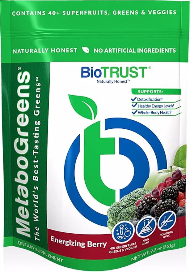 BioTrust Metabo Greens Superfood Powder - Super Greens Powder Fruit &amp Veggie Blend with Clinically Studied Spectra - Non GMO Soy Free Gluten Free Dairy Free Energizing Berry Flavor (30 Servin