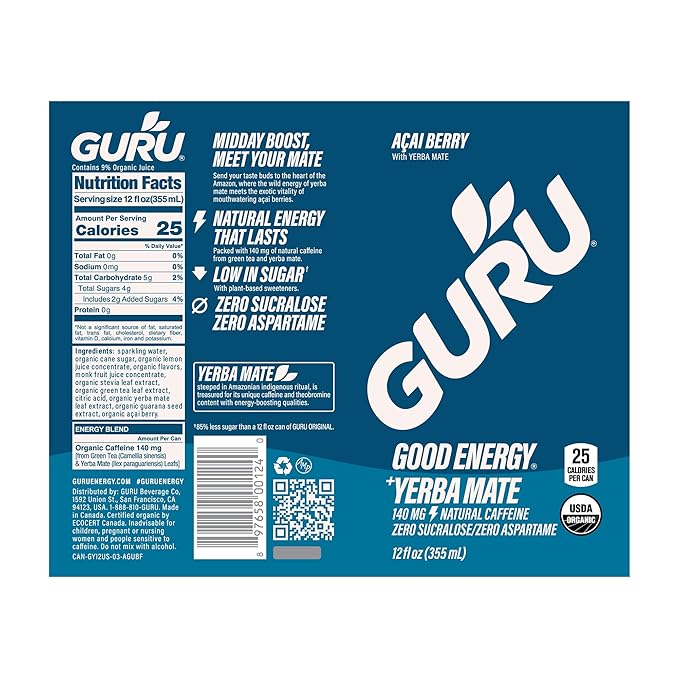 GURU Yerba Mate Organic Energy Drinks Clean Energy Drink with Plant Based Natural Caffeine from Green Tea Low Calorie Gluten Free 140mg Caffeine Healthy Drinks Acai Berry 12oz (Pack of 24)
