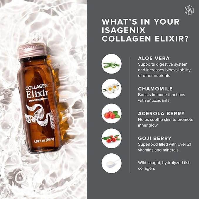 Isagenix Collagen Elixir - Drink with Marine Collagen Peptides - Support a Youthful Appearance with Vitamin C Zinc &amp Biotin - 50 mL
