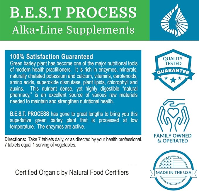 Alka•Green Tablets (2 Pack) Best Process Alkaline — Nutrient Dense Organic Barley Grass Supplement — Natural Source of Enzymes &amp Amino Acids