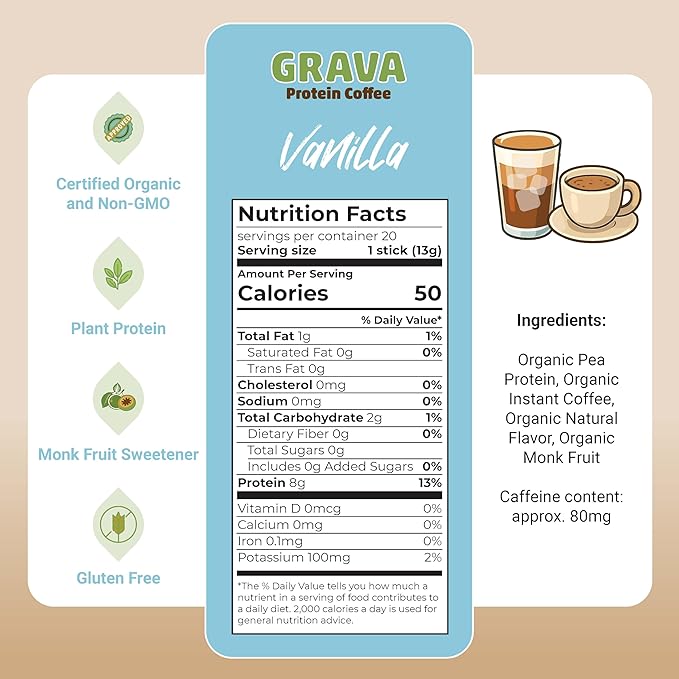 Grava Organic Plant Protein Coffee Sticks Vanilla - 8g Plant Protein 80mg Caffeine - Monk Fruit Sweetener - USDA Organic Non-GMO &amp Fair Trade - Gluten Free &amp Vegan - Single Serve Packet 20