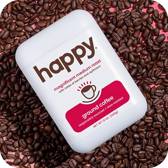 happy coffee medium roast ground coffee 12 oz 2 pack. notes of berries &amp optimism recyclable container grown &amp harvested in Brazil &amp Colombia raíz sustainability verified